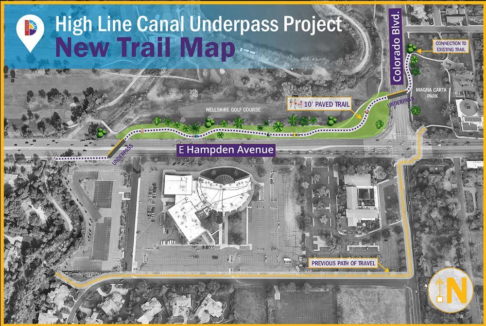 Map of new High Line Canal trail alignment with underpasses